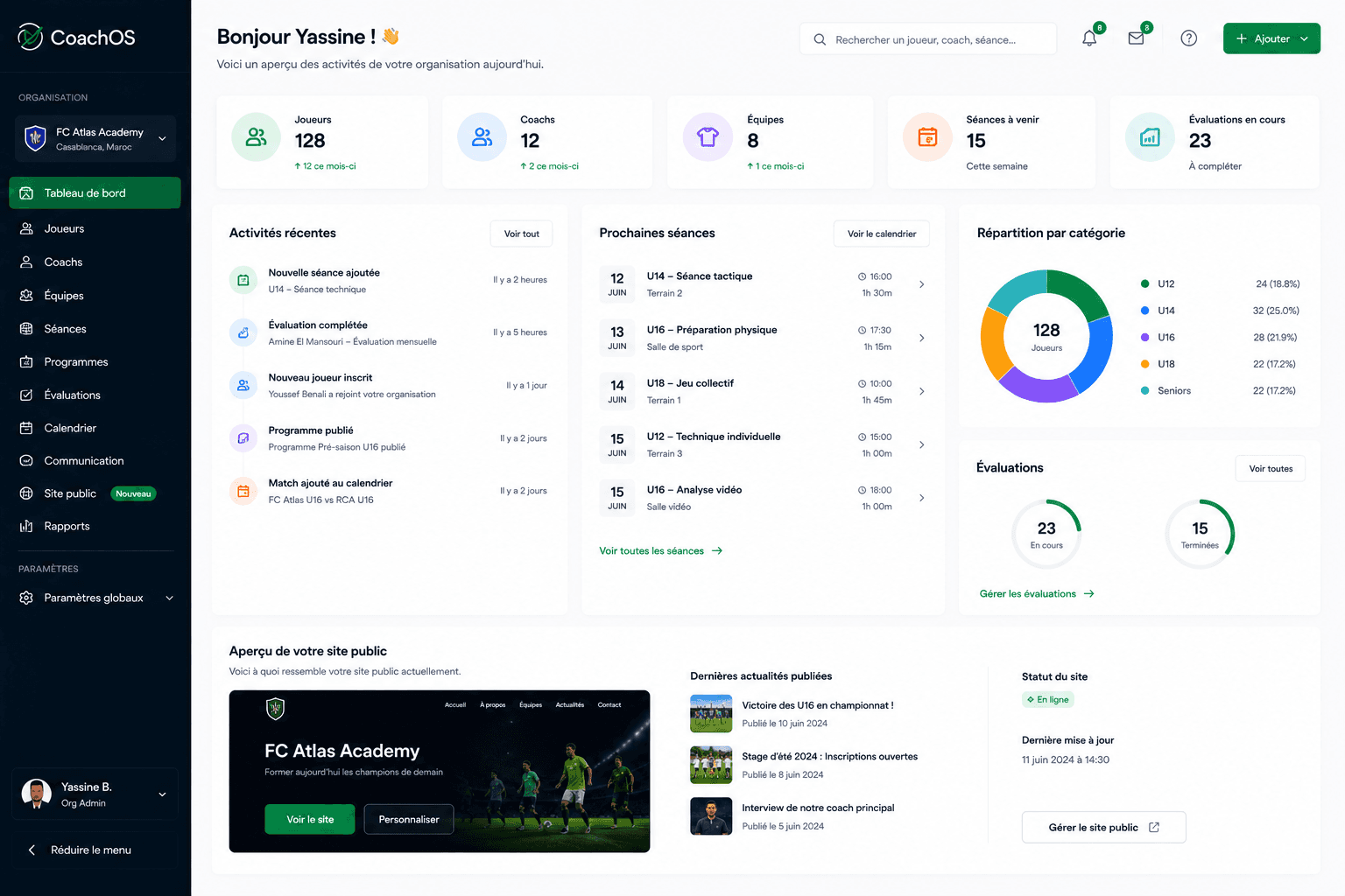 Aperçu de l’espace coach : tableau de bord avec joueurs, séances et évaluations