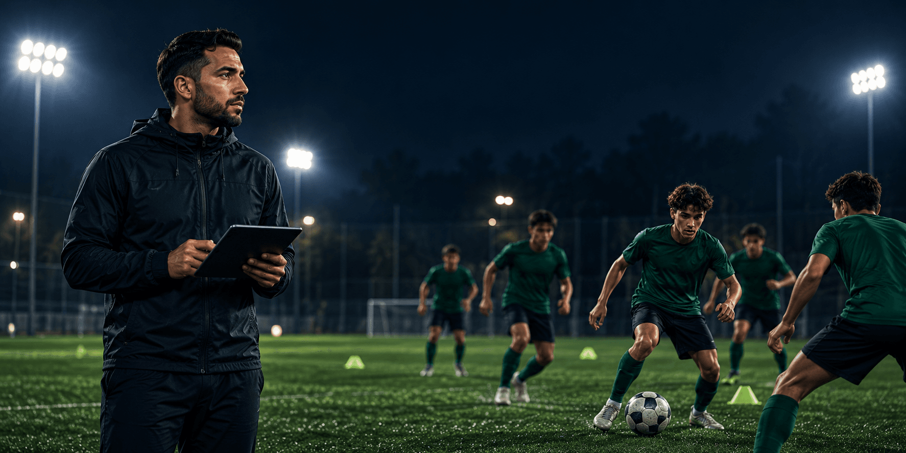 Un coach consulte sa tablette pendant une séance d’entraînement de nuit